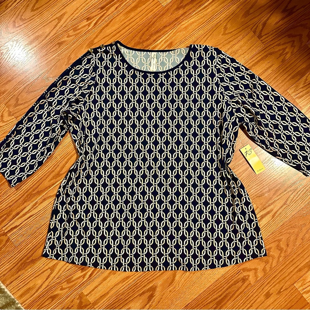 PerSeption Concept Navy with Tan and White Chain Pattern Top 3/4 Sleeve size 1X